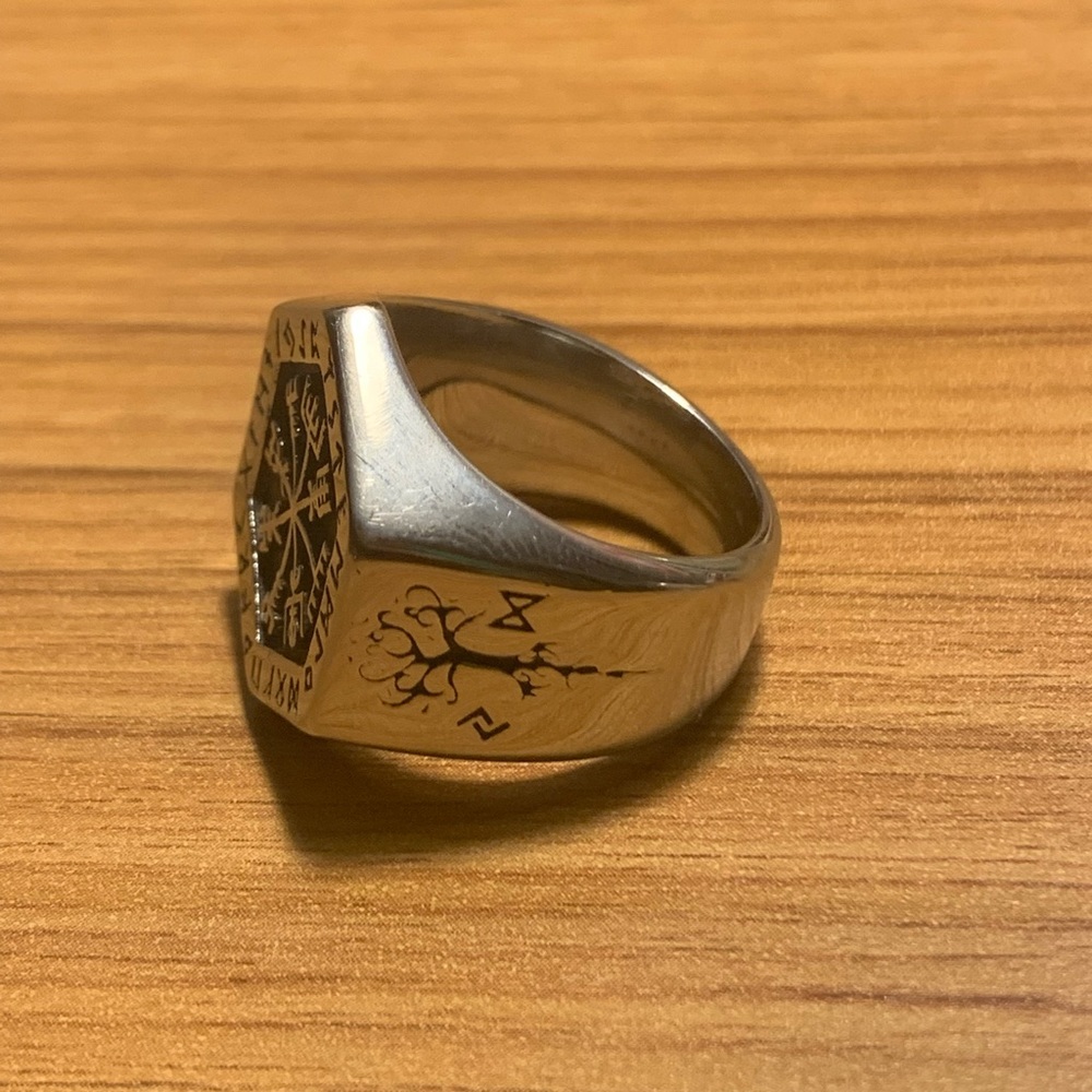 VEGVISIR RING WITH NORDIC SYMBOLS SIZE 9 - Picture 2 of 6